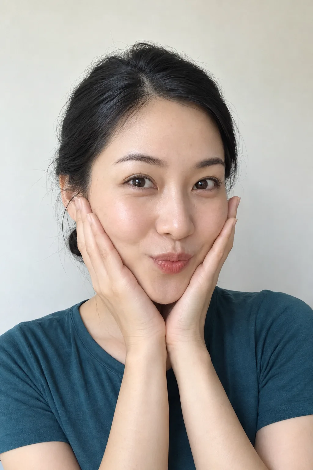 Adult with dark hair in a low bun and hands framing her cheeks.
