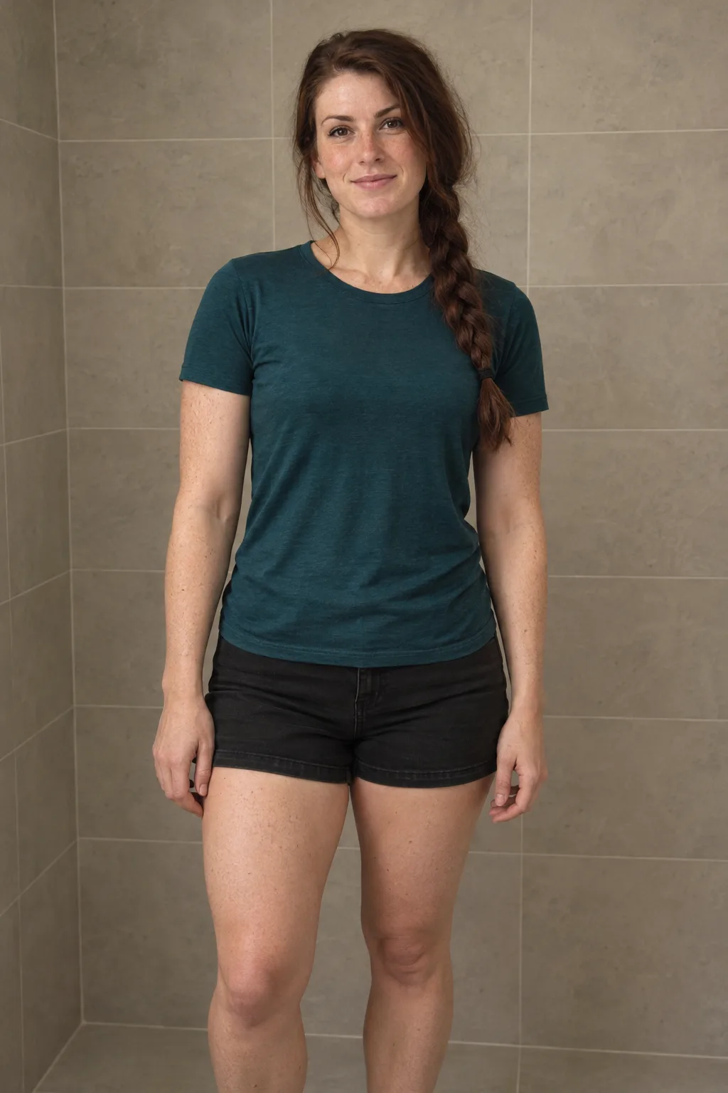 Adult with an auburn braid standing in a teal T-shirt and black shorts.