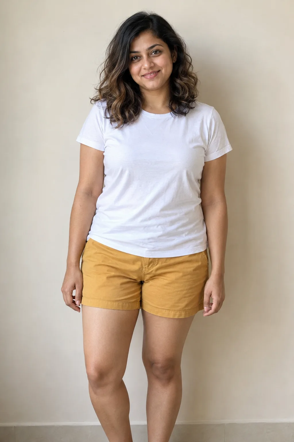 Adult with highlighted shoulder-length waves in a white T-shirt and mustard shorts.